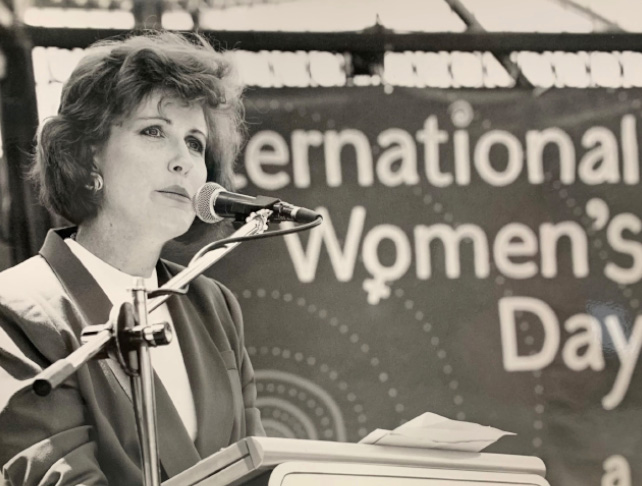 Kay McGrath addressing the crowd on International Women's Day.