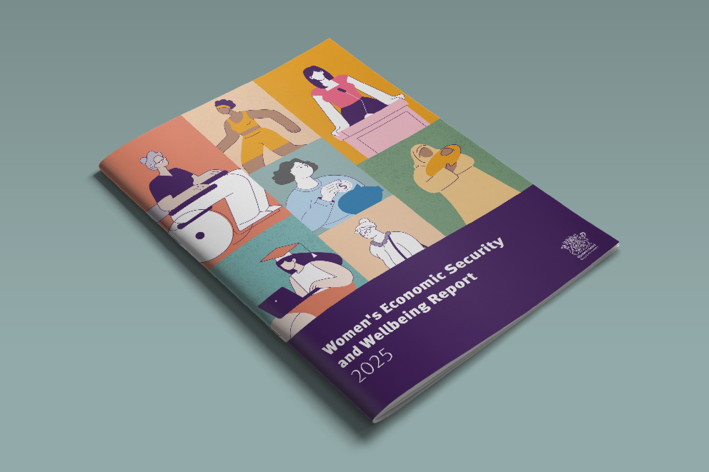 Illustrated front cover of a report depicting women of different ages and nationalities engaging in various roles and tasks, representing economic security and well-being.